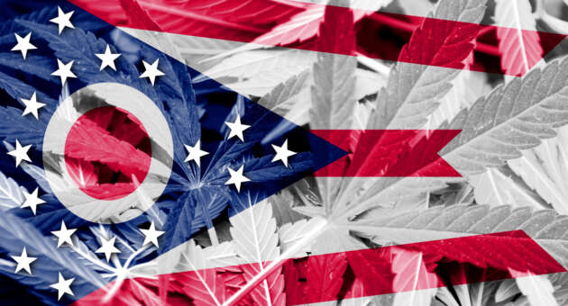 Ohio State Flag on cannabis background. Drug policy.